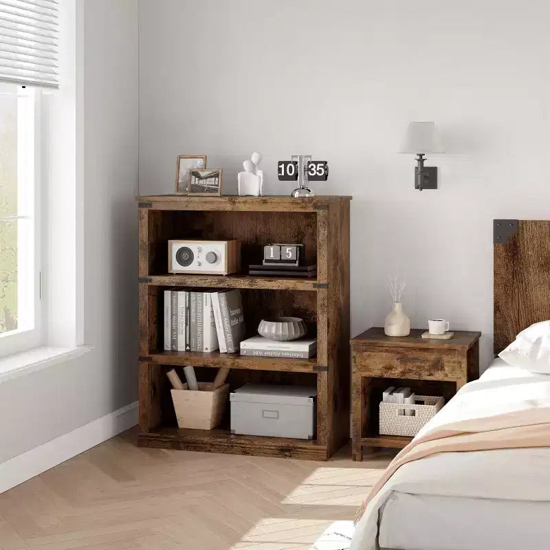 AcekoolFarmhouse Bookcase, Wood Low Bookshelf with Storage for Bedroom Living Room