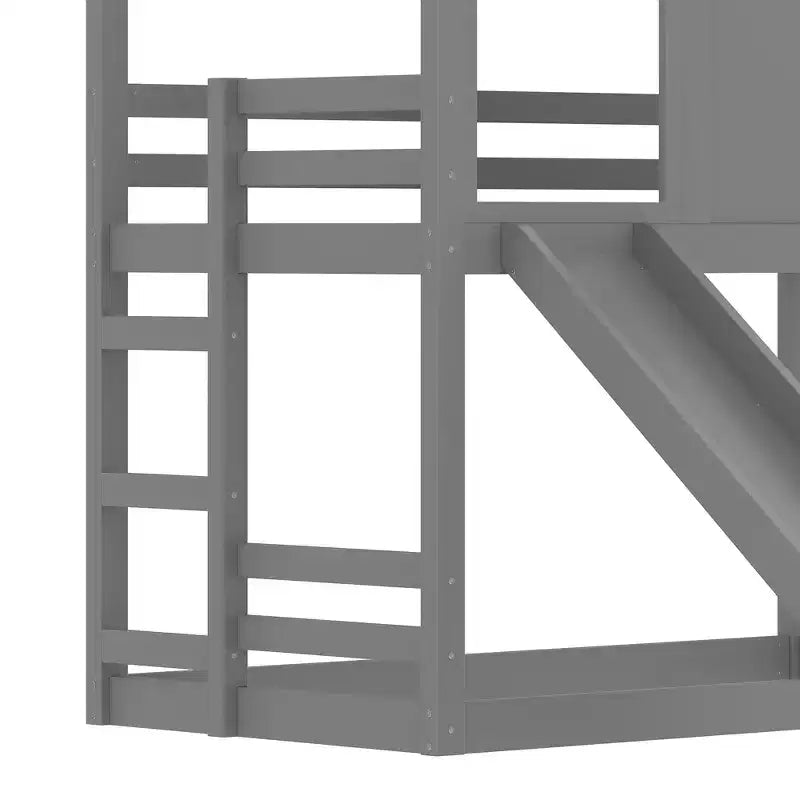Bellemave Twin House Bunk Bed with Slide and Storage Shelves, Solid Wood House Bunk Bed Frame with Window for Kids, Childlike Design