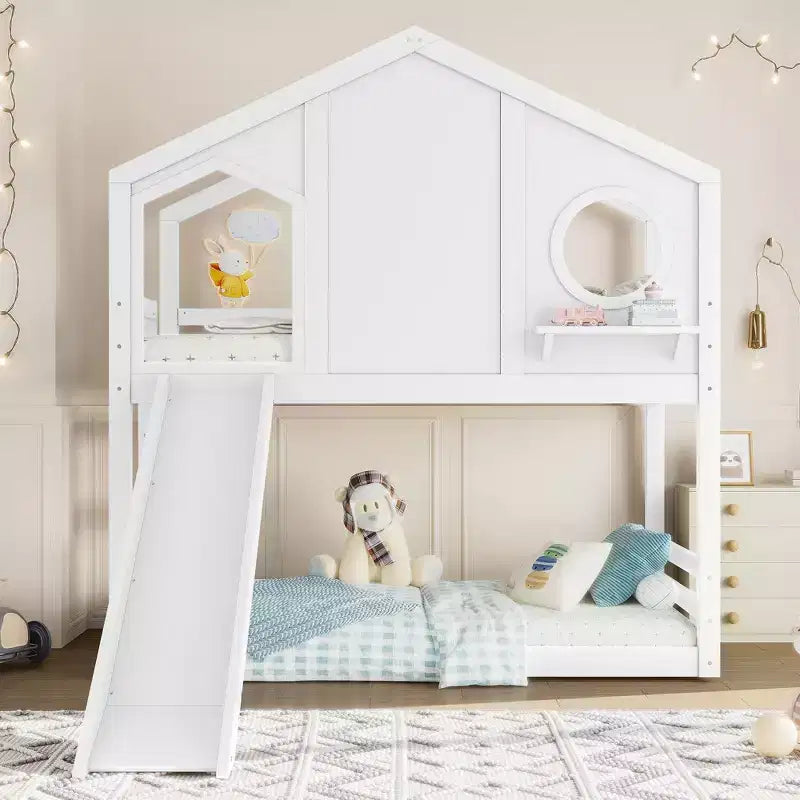 Bellemave Twin House Bunk Bed with Slide and Storage Shelves, Solid Wood House Bunk Bed Frame with Window for Kids, Childlike Design