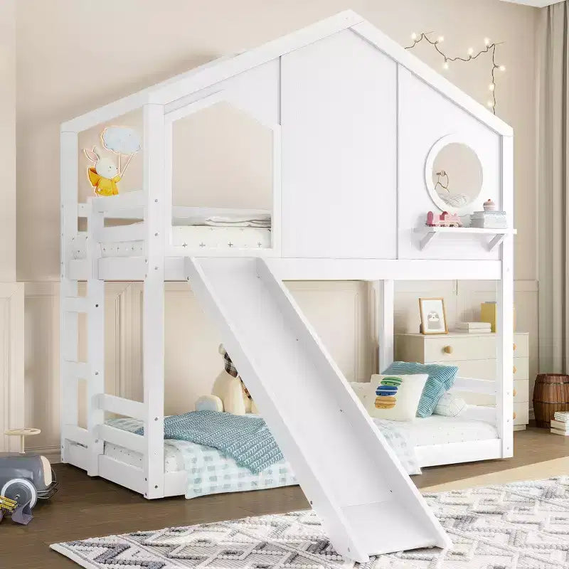 Bellemave Twin House Bunk Bed with Slide and Storage Shelves, Solid Wood House Bunk Bed Frame with Window for Kids, Childlike Design
