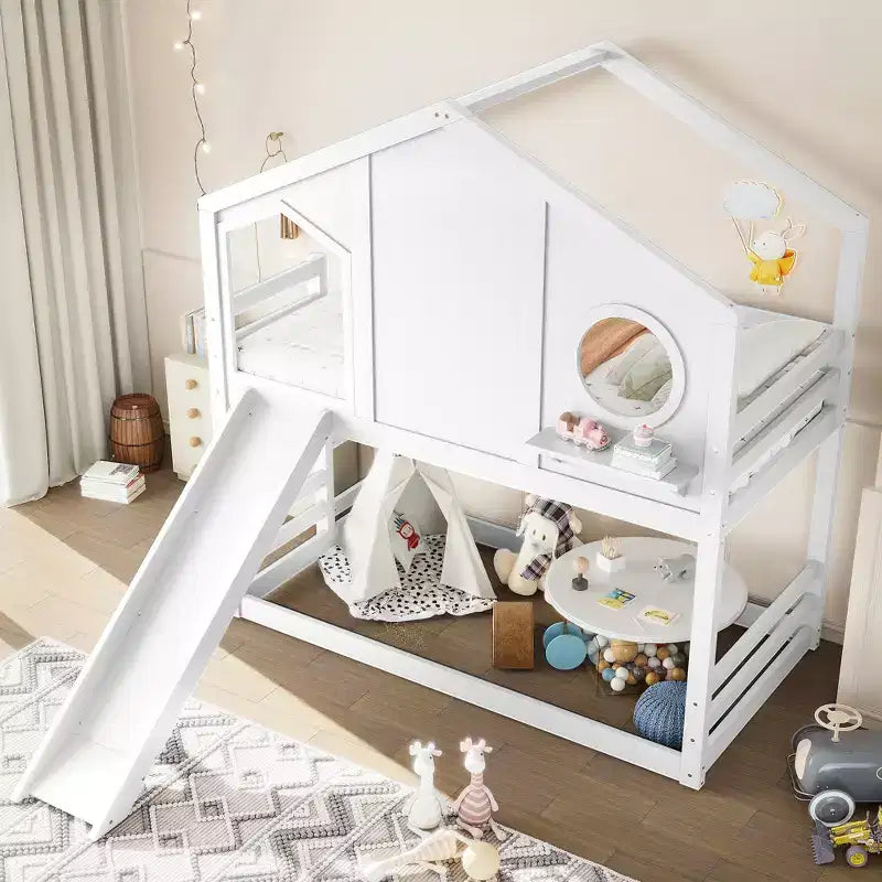 Bellemave Twin House Bunk Bed with Slide and Storage Shelves, Solid Wood House Bunk Bed Frame with Window for Kids, Childlike Design