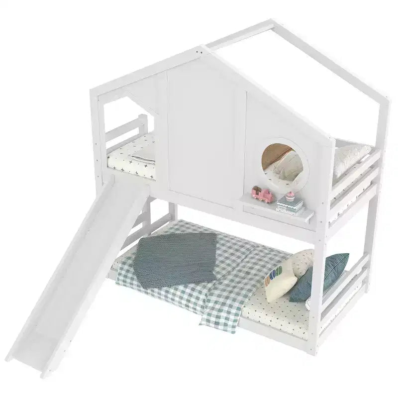 Bellemave Twin House Bunk Bed with Slide and Storage Shelves, Solid Wood House Bunk Bed Frame with Window for Kids, Childlike Design