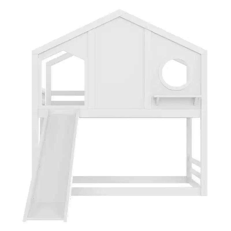 Bellemave Twin House Bunk Bed with Slide and Storage Shelves, Solid Wood House Bunk Bed Frame with Window for Kids, Childlike Design