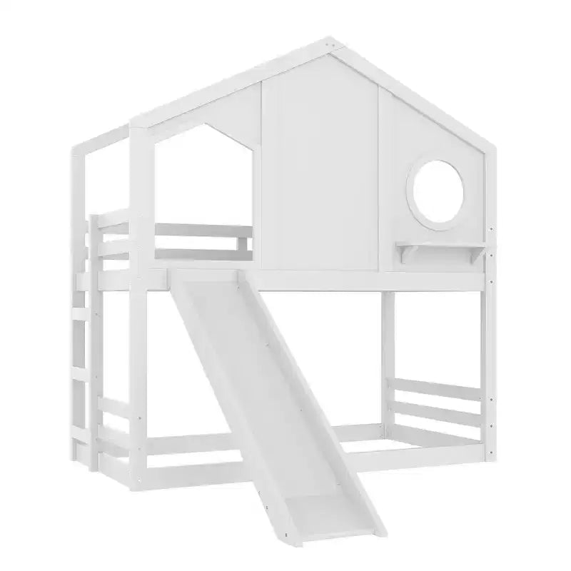 Bellemave Twin House Bunk Bed with Slide and Storage Shelves, Solid Wood House Bunk Bed Frame with Window for Kids, Childlike Design