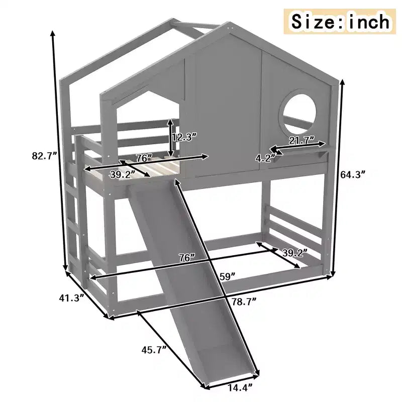 Bellemave Twin House Bunk Bed with Slide and Storage Shelves, Solid Wood House Bunk Bed Frame with Window for Kids, Childlike Design