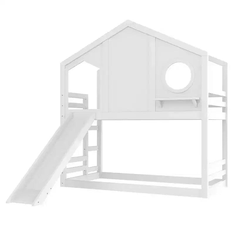 Bellemave Twin House Bunk Bed with Slide and Storage Shelves, Solid Wood House Bunk Bed Frame with Window for Kids, Childlike Design