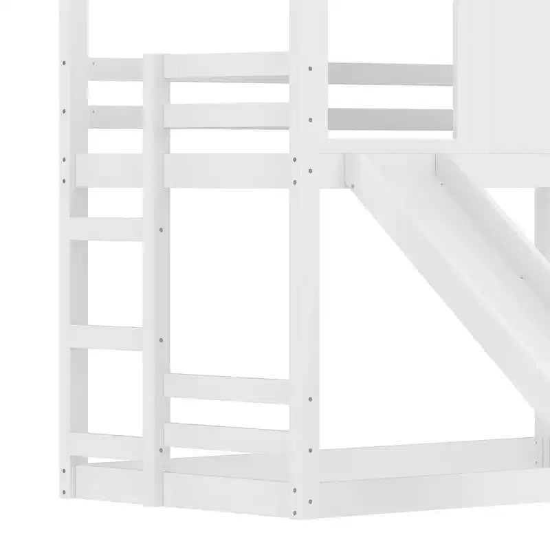 Bellemave Twin House Bunk Bed with Slide and Storage Shelves, Solid Wood House Bunk Bed Frame with Window for Kids, Childlike Design