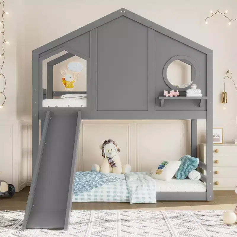 Bellemave Twin House Bunk Bed with Slide and Storage Shelves, Solid Wood House Bunk Bed Frame with Window for Kids, Childlike Design