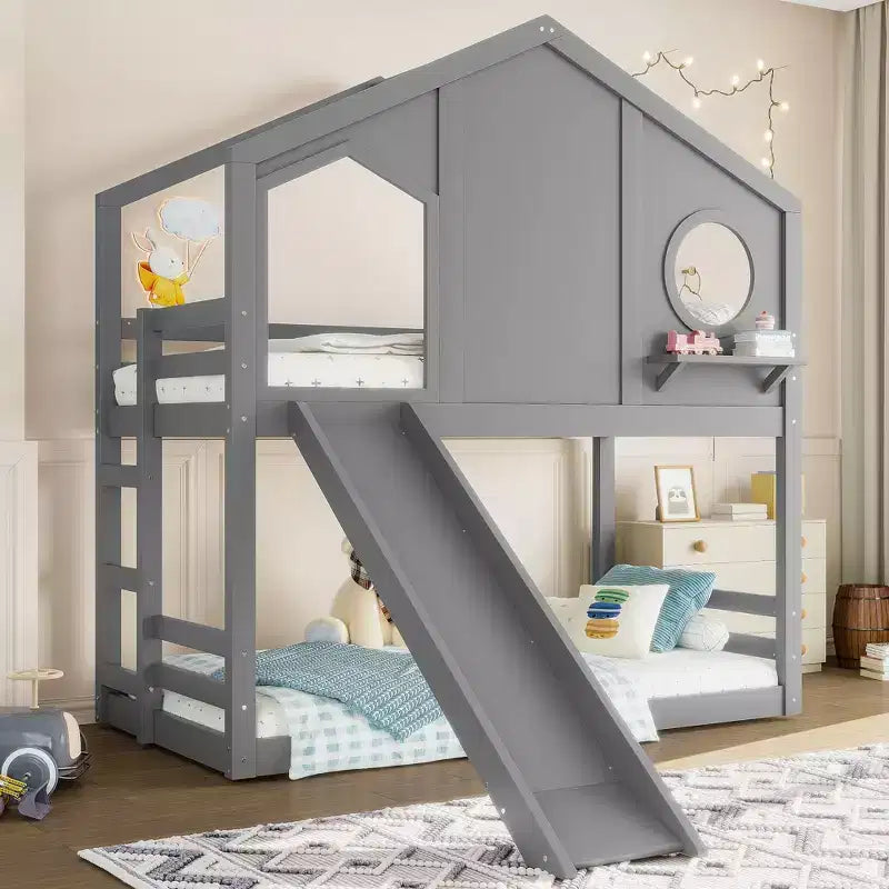 Bellemave Twin House Bunk Bed with Slide and Storage Shelves, Solid Wood House Bunk Bed Frame with Window for Kids, Childlike Design