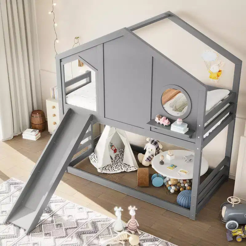 Bellemave Twin House Bunk Bed with Slide and Storage Shelves, Solid Wood House Bunk Bed Frame with Window for Kids, Childlike Design