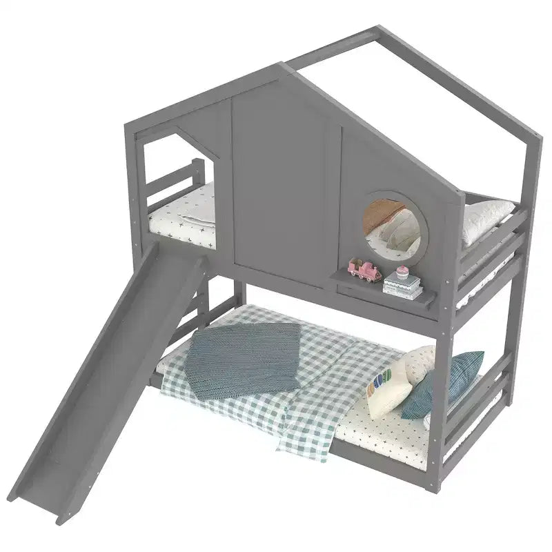 Bellemave Twin House Bunk Bed with Slide and Storage Shelves, Solid Wood House Bunk Bed Frame with Window for Kids, Childlike Design