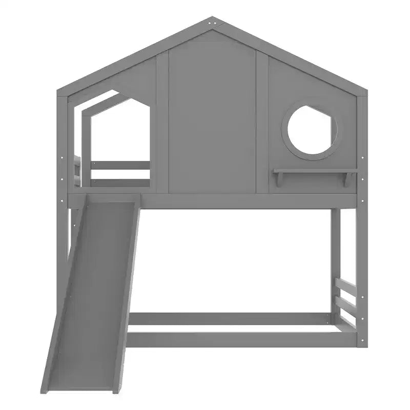 Bellemave Twin House Bunk Bed with Slide and Storage Shelves, Solid Wood House Bunk Bed Frame with Window for Kids, Childlike Design