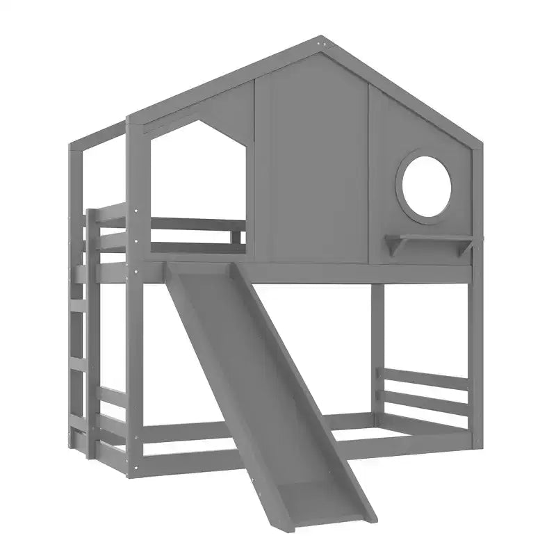Bellemave Twin House Bunk Bed with Slide and Storage Shelves, Solid Wood House Bunk Bed Frame with Window for Kids, Childlike Design