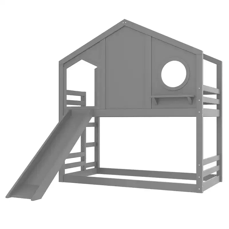 Bellemave Twin House Bunk Bed with Slide and Storage Shelves, Solid Wood House Bunk Bed Frame with Window for Kids, Childlike Design