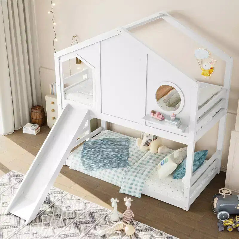 Bellemave Twin House Bunk Bed with Slide and Storage Shelves, Solid Wood House Bunk Bed Frame with Window for Kids, Childlike Design