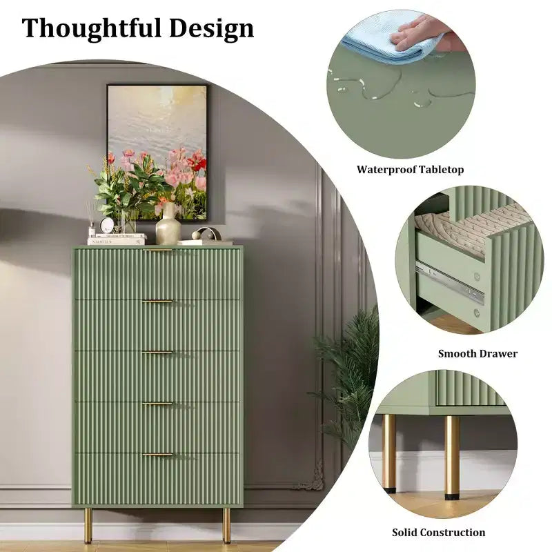 Fluted 6 Drawers Dresser, Modern Chest of Drawers with Faux Marble Top, Curved Profile Design, Dresser TV Stand, Wood Drawer Organizer for Bedroom