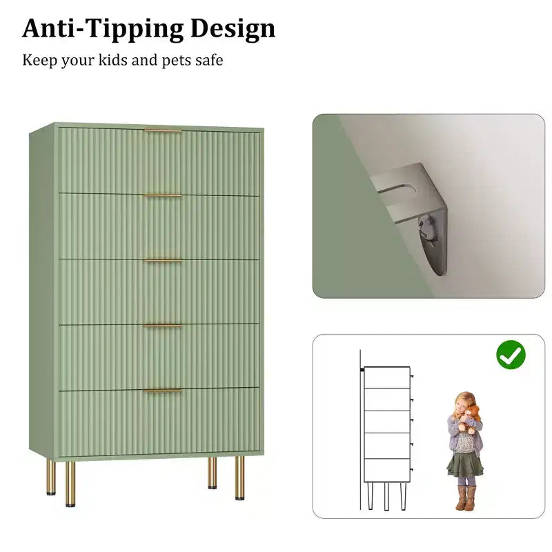 Fluted 6 Drawers Dresser, Modern Chest of Drawers with Faux Marble Top, Curved Profile Design, Dresser TV Stand, Wood Drawer Organizer for Bedroom