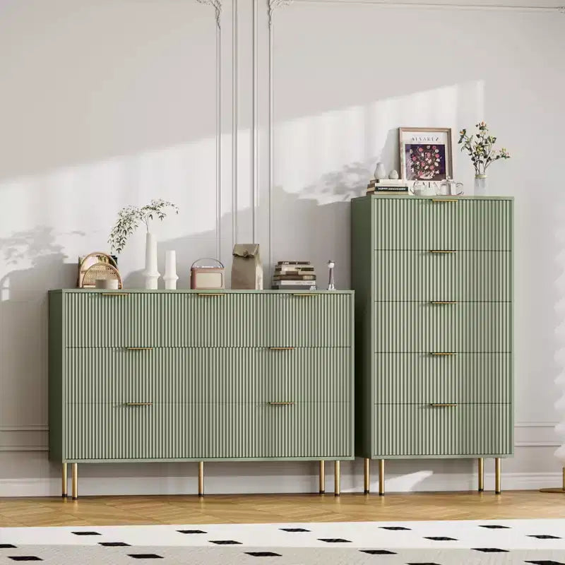 Fluted 6 Drawers Dresser, Modern Chest of Drawers with Faux Marble Top, Curved Profile Design, Dresser TV Stand, Wood Drawer Organizer for Bedroom
