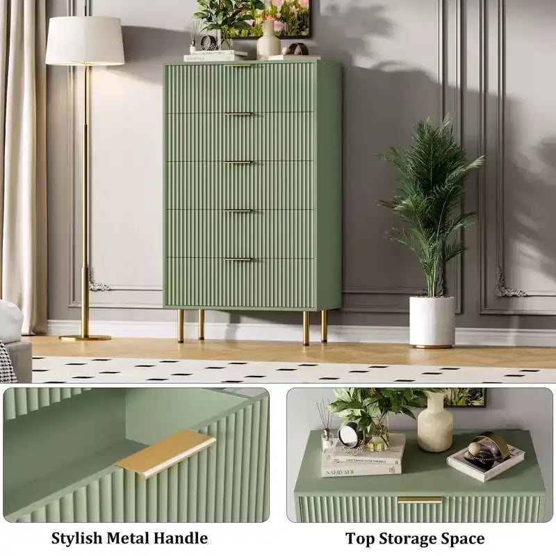 Fluted 6 Drawers Dresser, Modern Chest of Drawers with Faux Marble Top, Curved Profile Design, Dresser TV Stand, Wood Drawer Organizer for Bedroom