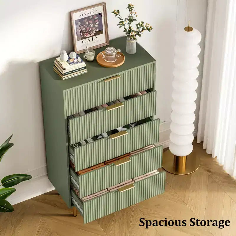 Fluted 6 Drawers Dresser, Modern Chest of Drawers with Faux Marble Top, Curved Profile Design, Dresser TV Stand, Wood Drawer Organizer for Bedroom