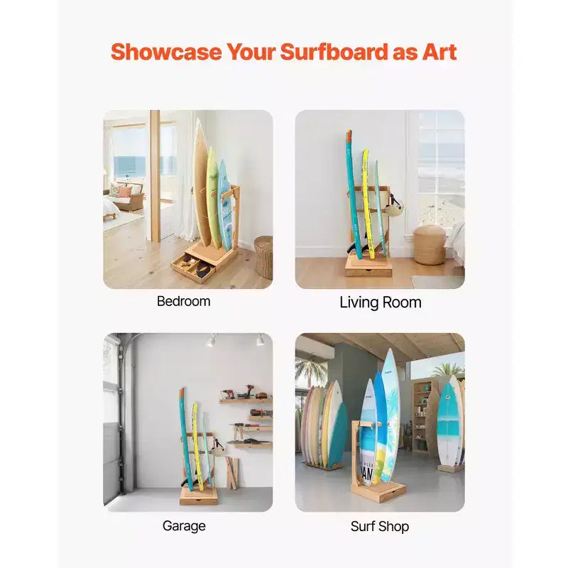 VEVOR Vertical Surfboard Stand, 3 Tiers Wooden Surfboard Rack for Storage and Display, Freestanding Board Stand Organizer, Wood Color