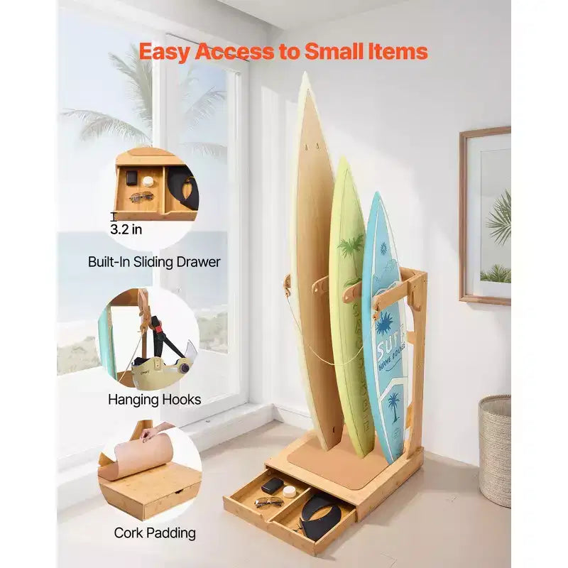 VEVOR Vertical Surfboard Stand, 3 Tiers Wooden Surfboard Rack for Storage and Display, Freestanding Board Stand Organizer, Wood Color