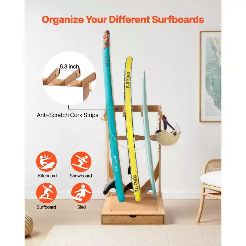 VEVOR Vertical Surfboard Stand, 3 Tiers Wooden Surfboard Rack for Storage and Display, Freestanding Board Stand Organizer, Wood Color