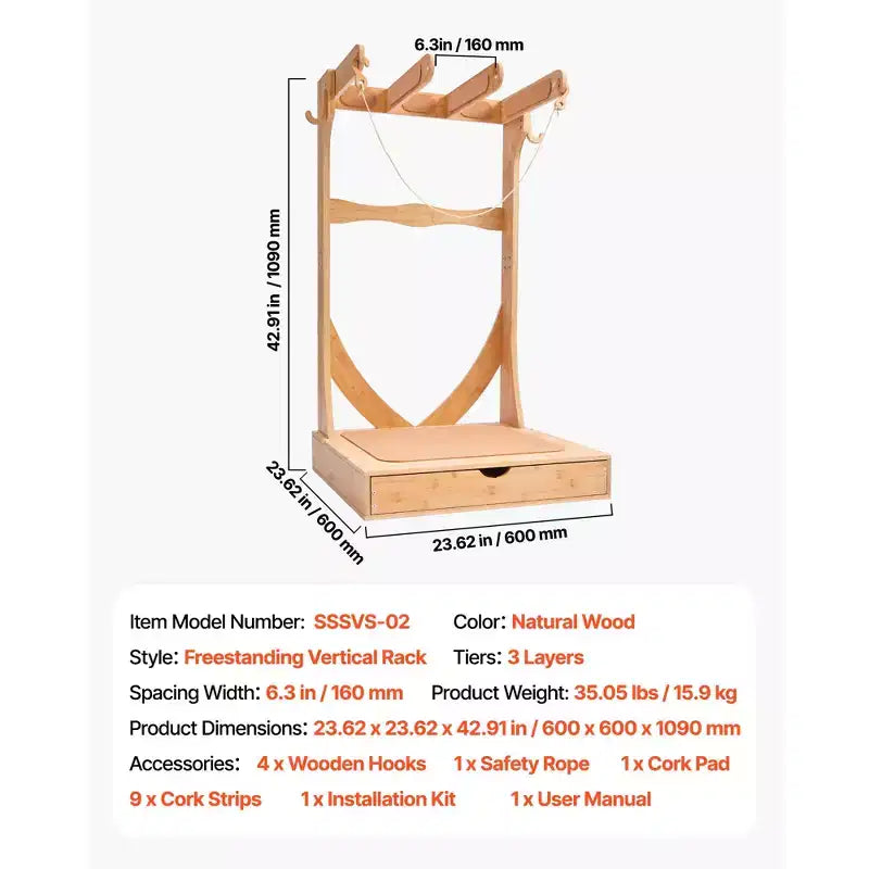 VEVOR Vertical Surfboard Stand, 3 Tiers Wooden Surfboard Rack for Storage and Display, Freestanding Board Stand Organizer, Wood Color
