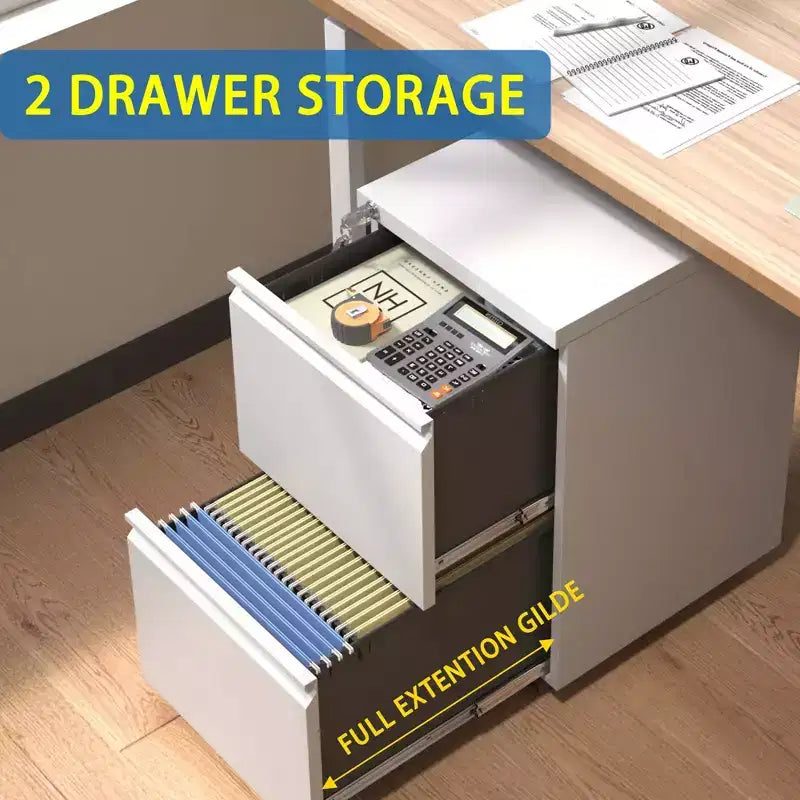2 Drawer Mobile File Cabinet with Lock, Commercial Vertical Cabinet, Under Desk Storage Cabinet with 5 Wheels & Embedded Handle