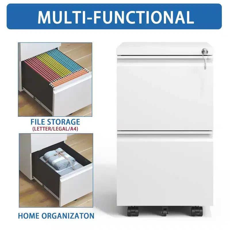 2 Drawer Mobile File Cabinet with Lock, Commercial Vertical Cabinet, Under Desk Storage Cabinet with 5 Wheels & Embedded Handle