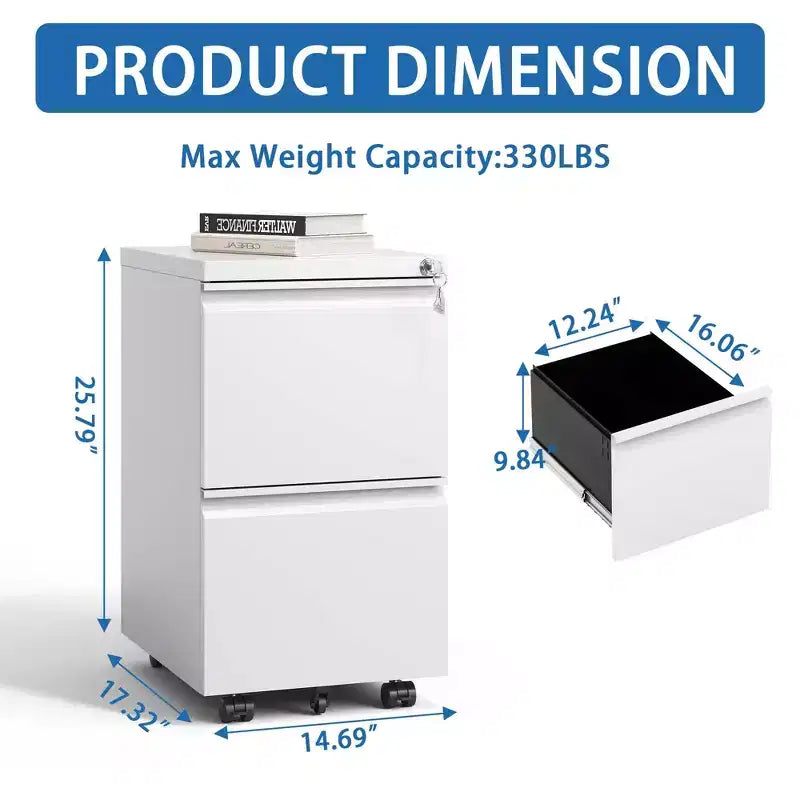 2 Drawer Mobile File Cabinet with Lock, Commercial Vertical Cabinet, Under Desk Storage Cabinet with 5 Wheels & Embedded Handle