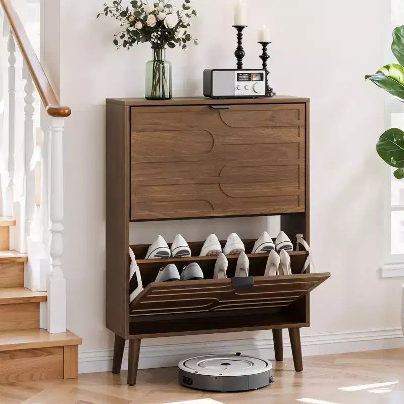 Shoe Storage Cabinet, for Entryway, Walnut Shoe Cabinet with Metal Legs,Shoe Organizer Cabinet with Flip Doors, Slim Entryway Shoe Storage