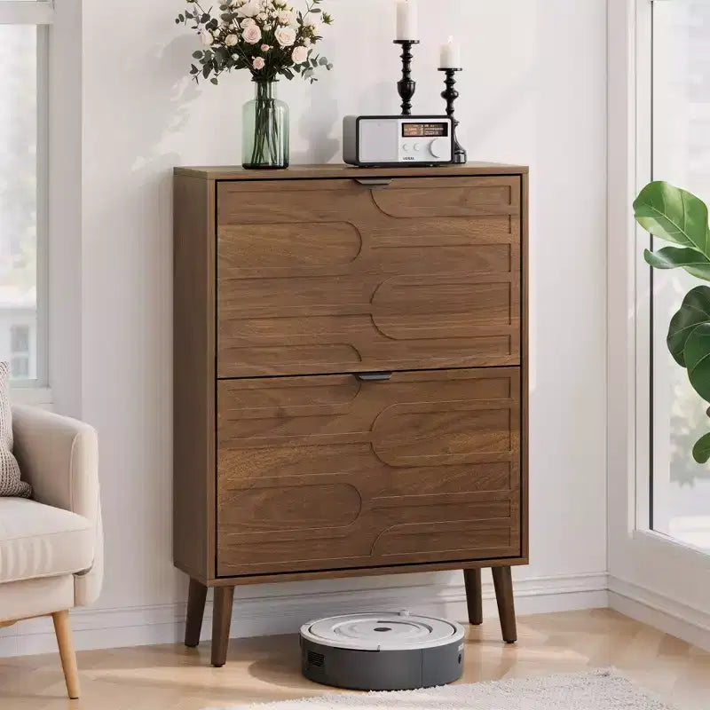 Shoe Storage Cabinet, for Entryway, Walnut Shoe Cabinet with Metal Legs,Shoe Organizer Cabinet with Flip Doors, Slim Entryway Shoe Storage