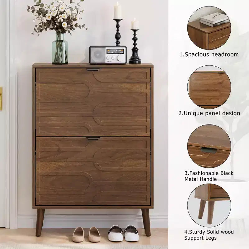 Shoe Storage Cabinet, for Entryway, Walnut Shoe Cabinet with Metal Legs,Shoe Organizer Cabinet with Flip Doors, Slim Entryway Shoe Storage