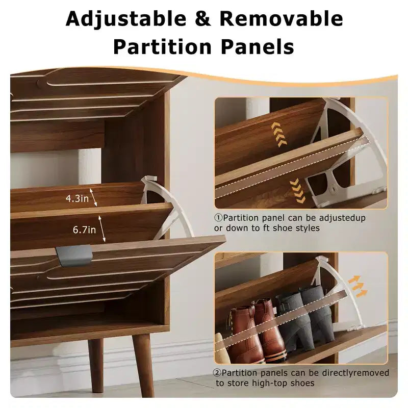 Shoe Storage Cabinet, for Entryway, Walnut Shoe Cabinet with Metal Legs,Shoe Organizer Cabinet with Flip Doors, Slim Entryway Shoe Storage