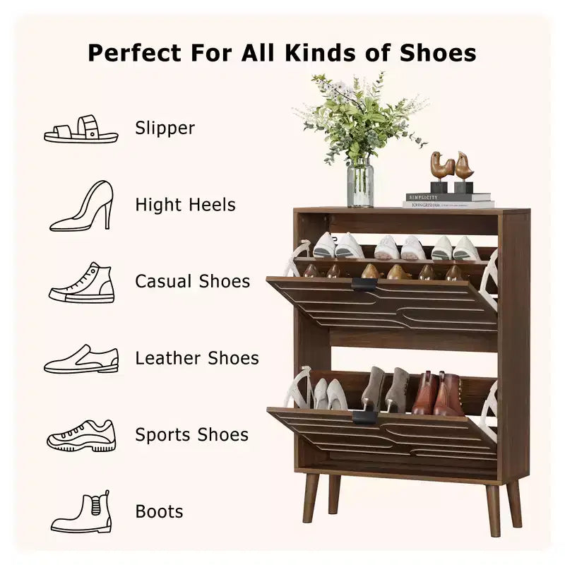 Shoe Storage Cabinet, for Entryway, Walnut Shoe Cabinet with Metal Legs,Shoe Organizer Cabinet with Flip Doors, Slim Entryway Shoe Storage