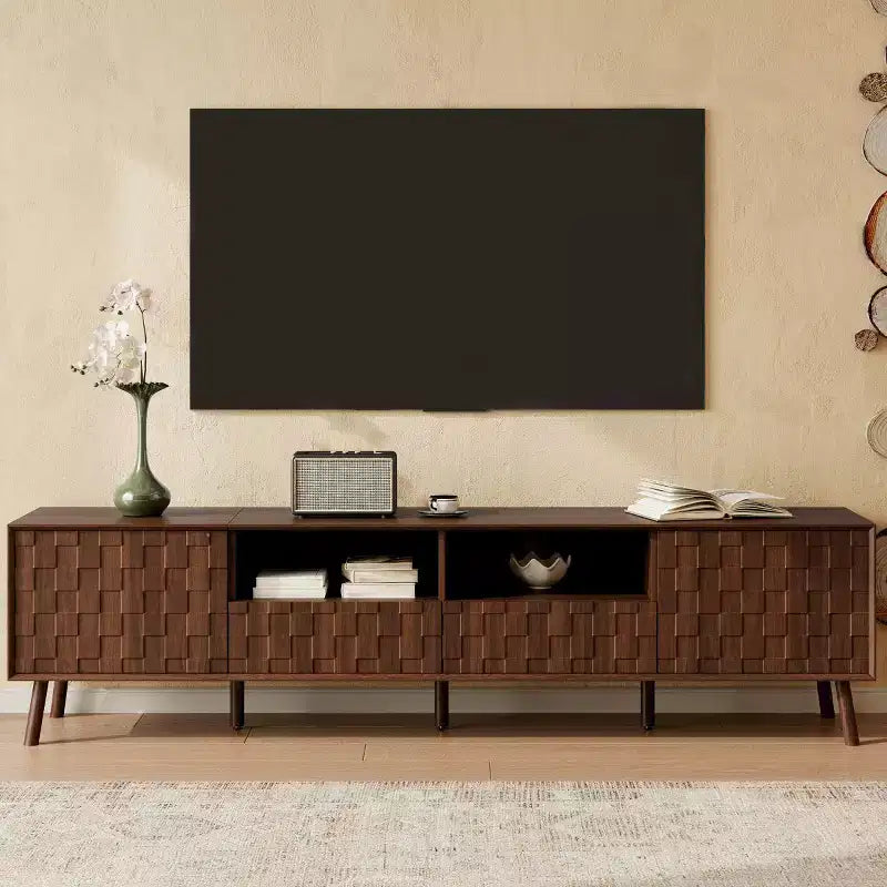 78 Modern Rattan-Style TV Stand for TVs up to 85, Entertainment Center with Storage, Solid Wood Legs Media Console for Living Room-Panipeachy