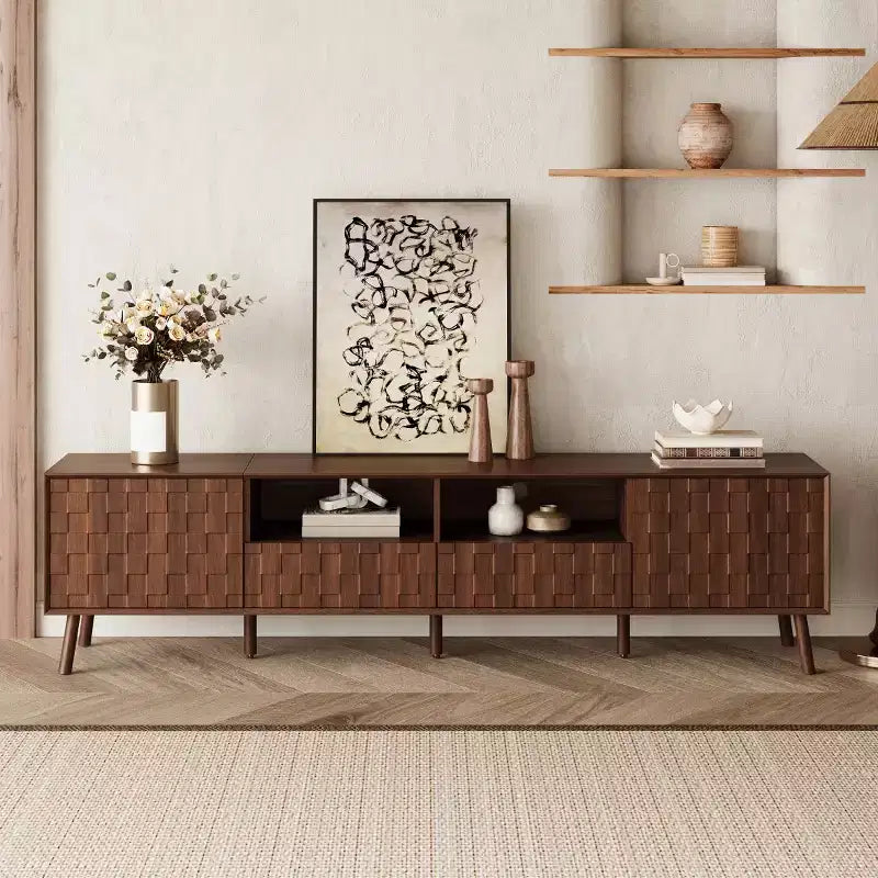 78 Modern Rattan-Style TV Stand for TVs up to 85, Entertainment Center with Storage, Solid Wood Legs Media Console for Living Room-Panipeachy