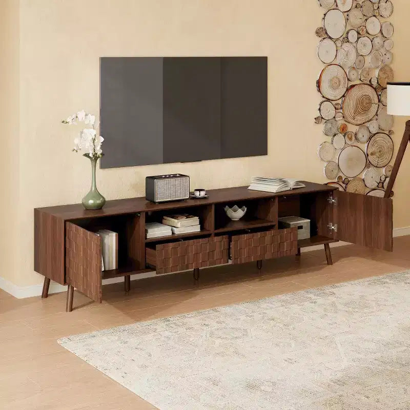 78 Modern Rattan-Style TV Stand for TVs up to 85, Entertainment Center with Storage, Solid Wood Legs Media Console for Living Room-Panipeachy