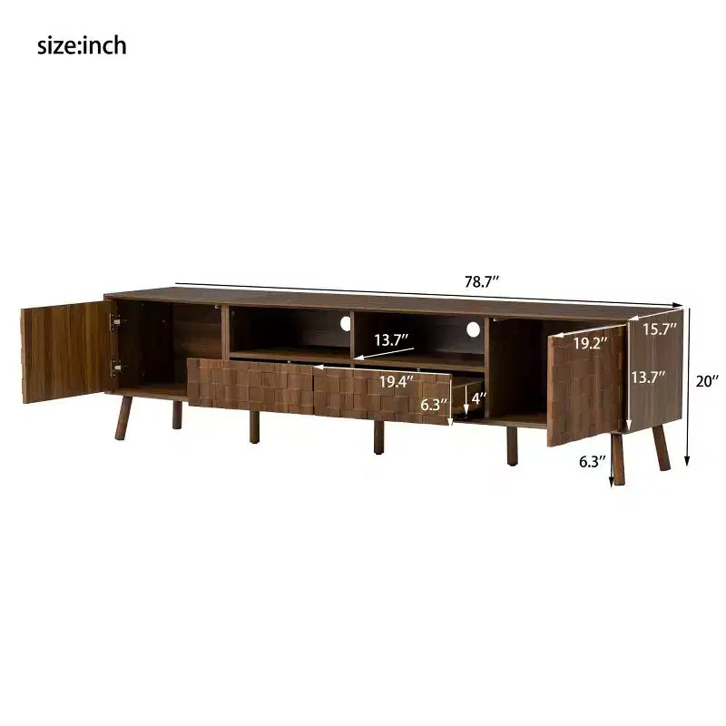 78 Modern Rattan-Style TV Stand for TVs up to 85, Entertainment Center with Storage, Solid Wood Legs Media Console for Living Room-Panipeachy