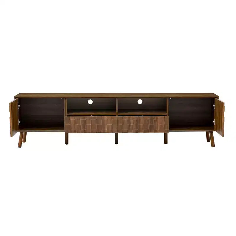 78 Modern Rattan-Style TV Stand for TVs up to 85, Entertainment Center with Storage, Solid Wood Legs Media Console for Living Room-Panipeachy