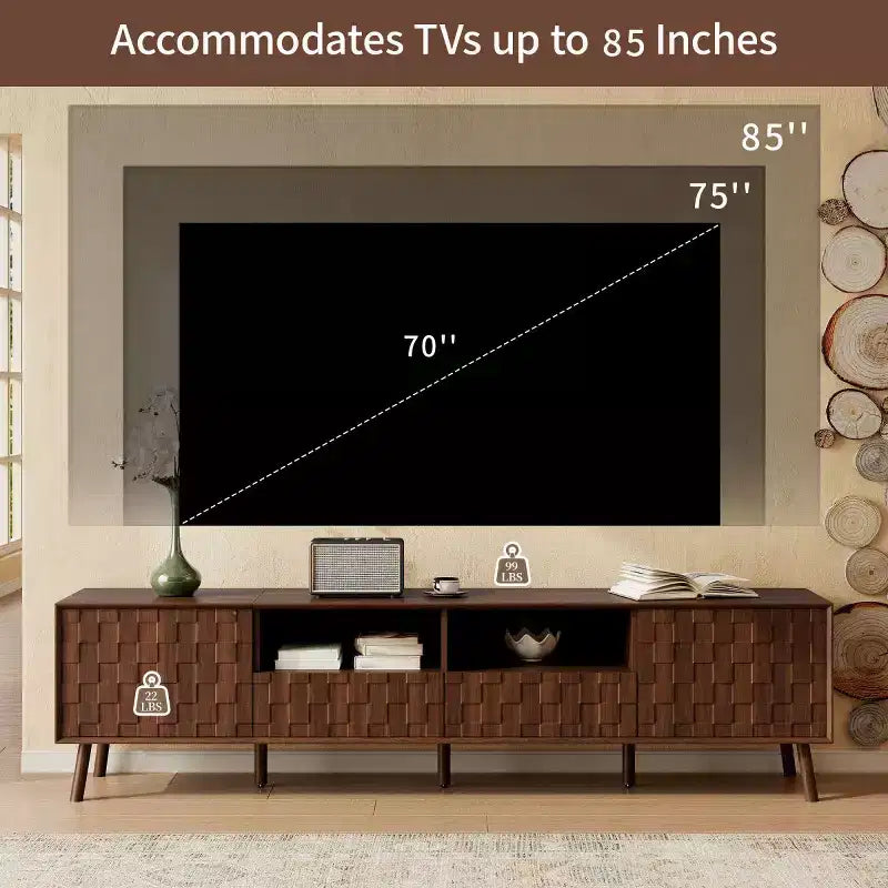 78 Modern Rattan-Style TV Stand for TVs up to 85, Entertainment Center with Storage, Solid Wood Legs Media Console for Living Room-Panipeachy