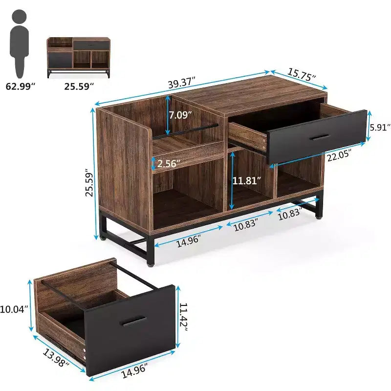 Lantine 39-Inch 2-Drawer File Cabinet, Small Lateral Filing Cabinet Under Desk with Printer Stand and Storage Shelves for Home Office