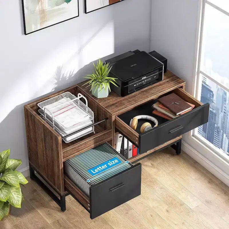 Lantine 39-Inch 2-Drawer File Cabinet, Small Lateral Filing Cabinet Under Desk with Printer Stand and Storage Shelves for Home Office