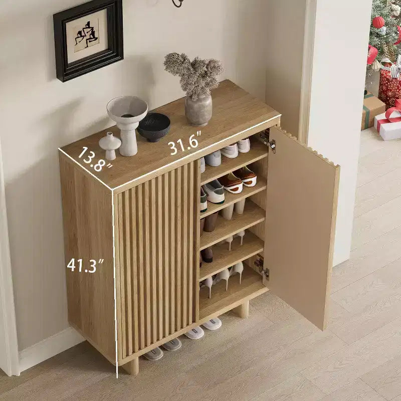 31.6 Inch Shoe Cabinet with Fluted Door, 5-Tier Storage with 4 Adjustable Shelves, Rustic Entryway Shoe Bench for Hallway & Foyer