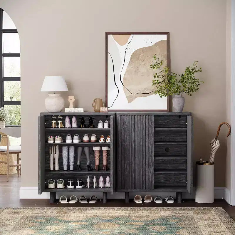 31.6 Inch Shoe Cabinet with Fluted Door, 5-Tier Storage with 4 Adjustable Shelves, Rustic Entryway Shoe Bench for Hallway & Foyer