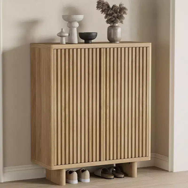 31.6 Inch Shoe Cabinet with Fluted Door, 5-Tier Storage with 4 Adjustable Shelves, Rustic Entryway Shoe Bench for Hallway & Foyer