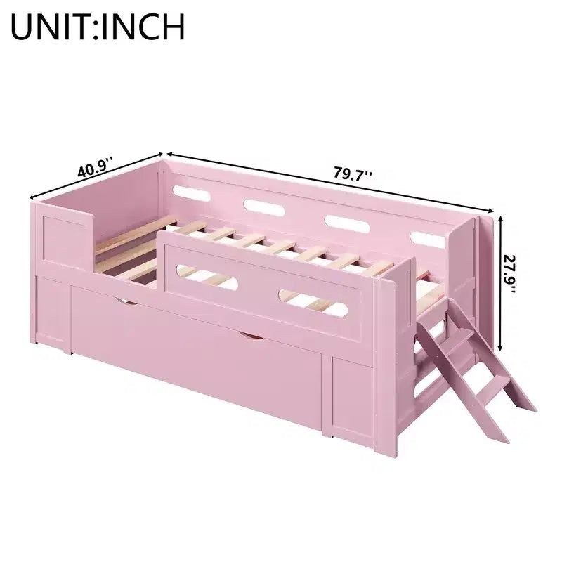 Whisen Wood Twin Size Platform Bed with Guardrail and Drawer