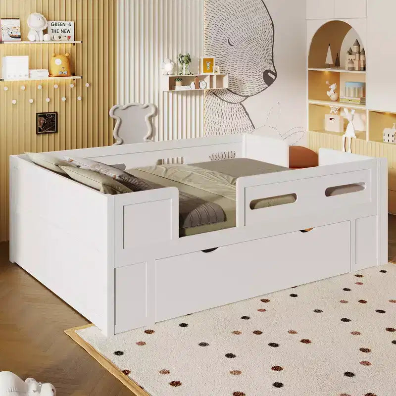 Whisen Wood Twin Size Platform Bed with Guardrail and Drawer