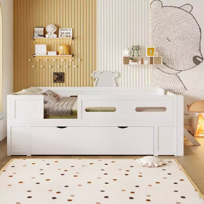 Whisen Wood Twin Size Platform Bed with Guardrail and Drawer